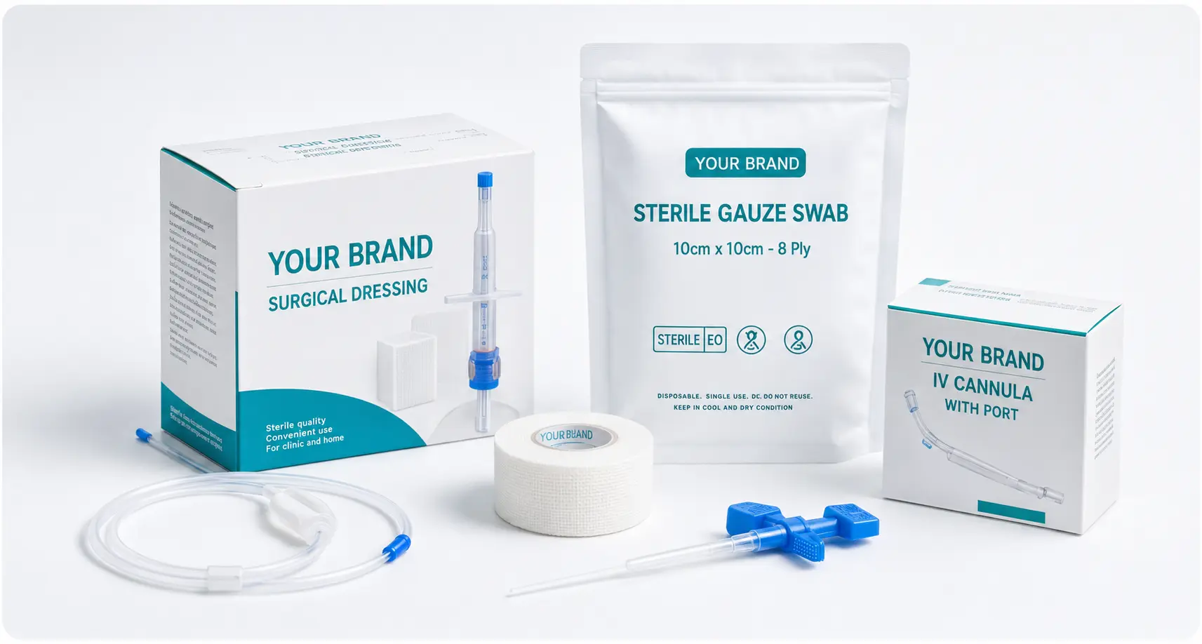 Private-label surgical dressing, sterile gauze swab and IV cannula packaging
